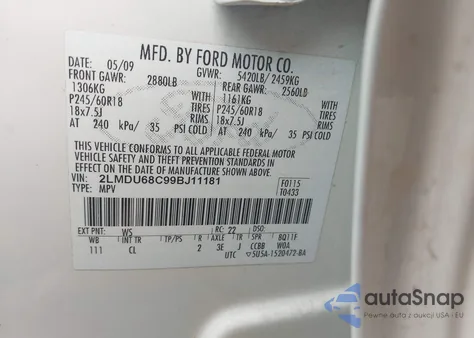 2009 Lincoln Mkx z USA, uszkodzony, nr VIN 2LMDU68C99BJ11181